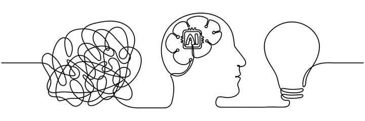 Poster - Artificial brain intelligence technology with chaos thoughts and light bulb continuous line drawn. Problem solving and creative idea concept. Brainstorming sign. Vector illustration isolated on white.