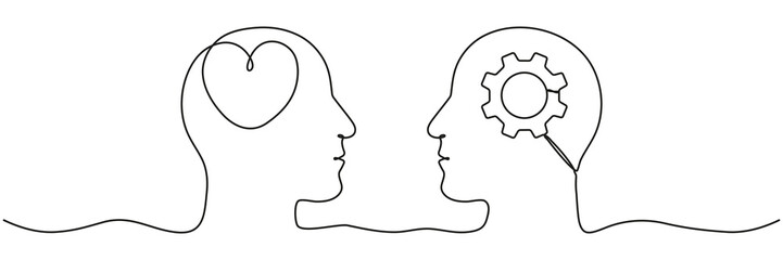 Poster - continuous line drawing of human heads with heart and gear inside. rational and emotional relationsh