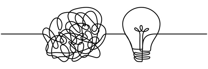 Poster - Chaotic lines with lightbulb continuous line drawing. Creative idea process. Mental health concept. Problem solving and idea search symbol. Vector illustration isolated on white.