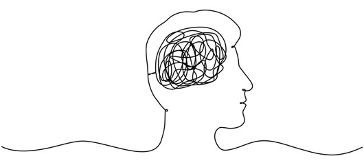 Poster - Male line head with confused thoughts. Continuous line drawn of man head. Bad mental health linear concept. Vector illustration isolated on white.