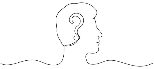 Poster - Continuous line art drawing head with question mark. Thinking linear symbol. Brainstorming concept. Vector illustration isolated on white.