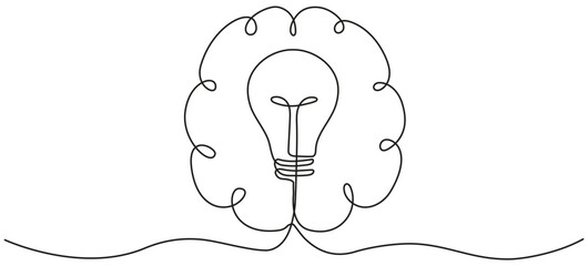 Poster - Light bulb inside human brain continuous line art drawing. Wisdom concept. Creative idea and insight symbol. Intellectual property sign. Vector illustration isolated on white.