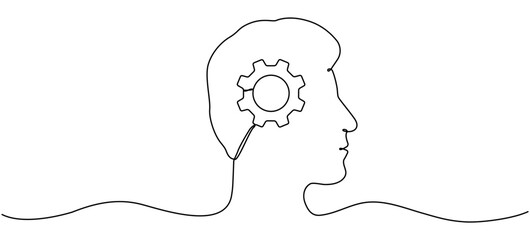 Poster - Male head with gear wheel inside. Cogwheel continuous line art drawing. Vector illustration isolated on white.