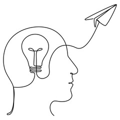 Poster - Head with light bulb inside and flying paper plane. Creative idea process. Business startup concept. Vector illustration isolated on white.