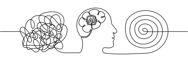 Poster - Artificial brain intelligence technology with chaos and order thoughts continuous line art drawn. Problem solving concept. Smart search assistant symbol. Vector illustration isolated on white.