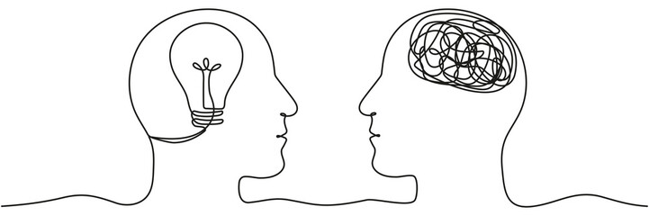 Poster - Human heads with light bulb and confused thoughts continuous line drawing. Mental health linear concept. Problem solution symbol. Creative idea process. Vector illustration isolated on white.