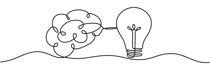 Poster - Light bulb connect with human brain continuous line art drawing. Wisdom concept. Creative idea and insight symbol. Intellectual property sign. Vector illustration isolated on white.