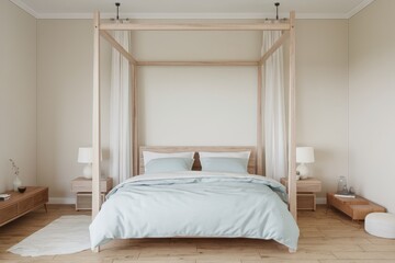 Wall Mural - Modern minimalist bedroom interior design with light green bedding and canopy bed