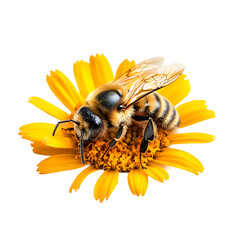 Poster - Macro shot of a honey bee gathering pollen from a vibrant yellow flower, set against a clear backdrop
