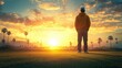 © Sam-th - Person Standing on Golf Course at Sunset Overlooking Palm Trees and Beautiful Sky, Capturing the Essence of Leisure and Nature in a Serene Setting
