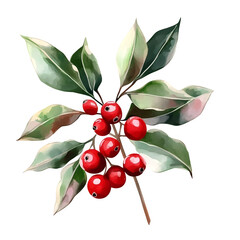 Poster - Watercolor painting of a sprig of holly berries and green leaves, perfect for christmas designs, on transparent background