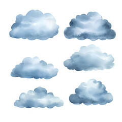Poster - Six delicate light blue watercolor clouds on a clear backdrop, ideal for bringing a hint of playfulness to any project