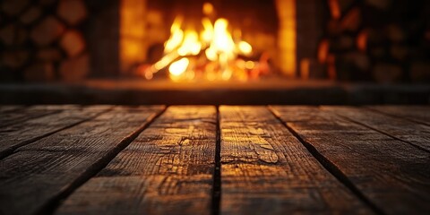 Poster - Empty wooden table illuminating by burning fireplace in background