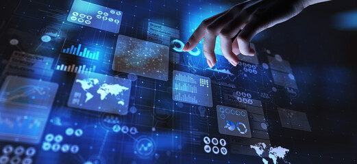 Poster - Business intelligence analyst dashboard on virtual screen. Big data Graphs Charts.