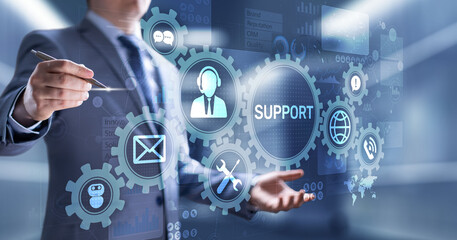 Fototapete - Support button on virtual screen. Customer service and communication concept.