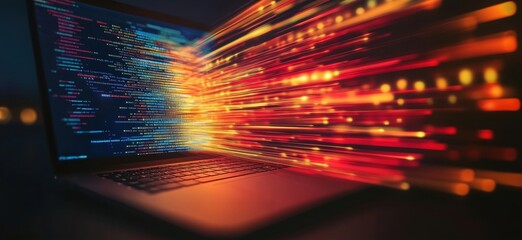 Poster - Data explosion from laptop screen, vibrant colors, coding background, technology concept, copy space for text