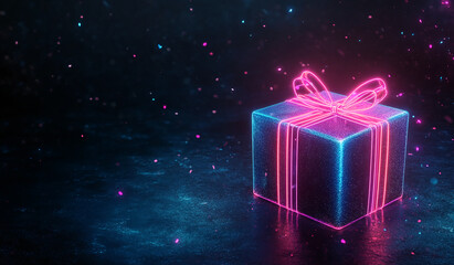 Poster - Gift box illuminated by neon lights creates a festive atmosphere during a celebration