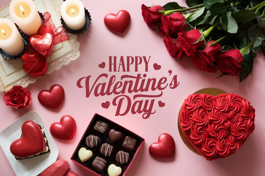 Happy valentines day greeting card banner lettering romantic red pink love heart theme background