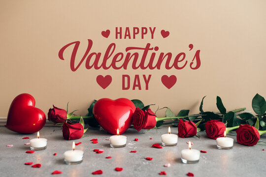 Happy valentines day greeting card banner lettering romantic red pink love heart theme background