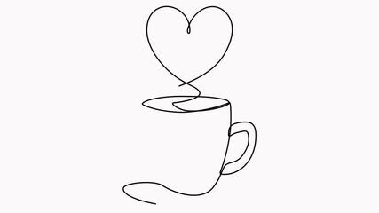 Wall Mural - Coffee cup with heart shape continuous line drawn animation.