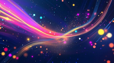 Poster - Abstract tech background in the form of colorful waves, consisting of a large number of digital connection lines. Bright neon and vibrating networks and neural connections