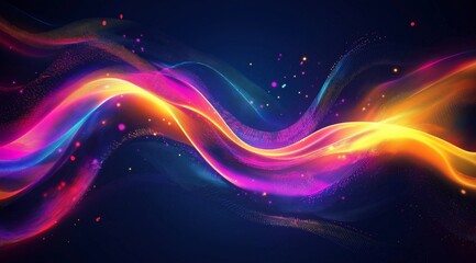 Poster - Abstract tech background in the form of colorful waves, consisting of a large number of digital connection lines. Bright neon and vibrating networks and neural connections