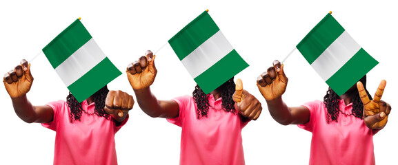 A set of young black African women lady girl  wearing pink shirt holding Nigeria  national flag making fist blow, thumbs up, peace sign on white background. Proud patriotic Nigerian