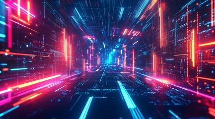 Poster - Abstract tech background in the form of colorful waves, consisting of a large number of digital connection lines. Bright neon and vibrating networks and neural connections