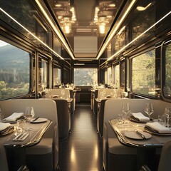 Poster - Elegant train dining car with modern finishes and panoramic windows. Soft lighting and sleek furniture for a refined dining experience on the go.