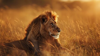 Wall Mural - A majestic lion resting in the tall grass of the African savannah, with the golden light of the setting sun