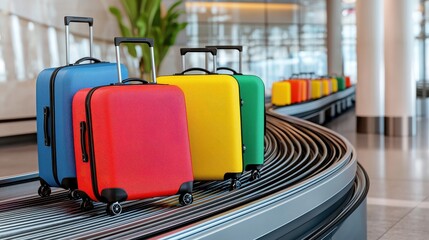 Colorful luggage on airport baggage carousel travel essentials closeup