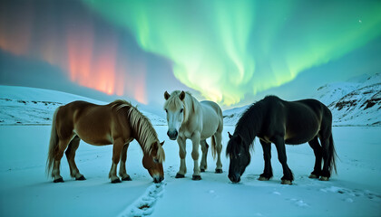 northern lights arching over a herd of wild icelandic horses grazing in a snowy field