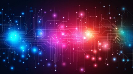 Poster - Abstract tech background in the form of colorful waves, consisting of a large number of digital connection lines. Bright neon and vibrating networks and neural connections