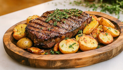 Wall Mural - Grilled striploin steak with roasted potatoes and thyme on wooden serving board