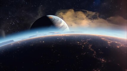 Wall Mural - space with a volumetric glow around planets, illuminating dust particles and distant galaxies