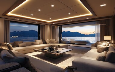 Poster - Elegant yacht living room with panoramic windows and modern finishes. Soft lighting and refined furniture for a high-end maritime experience.