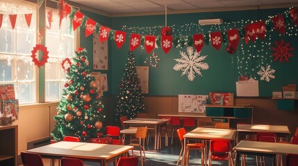 Poster - A classroom adorned with Christmas decorations, including paper snowflakes, red and green banners, and a small Christmas tree in the corner.
