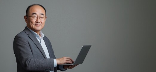Poster - Professional man with laptop, confident expression, gray background, business attire, glasses, technology, modern workspace, copy space for text