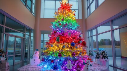 Wall Mural - A colorful Christmas tree with multi-colored lights and ornaments shaped like reindeer, snowmen, and stars.