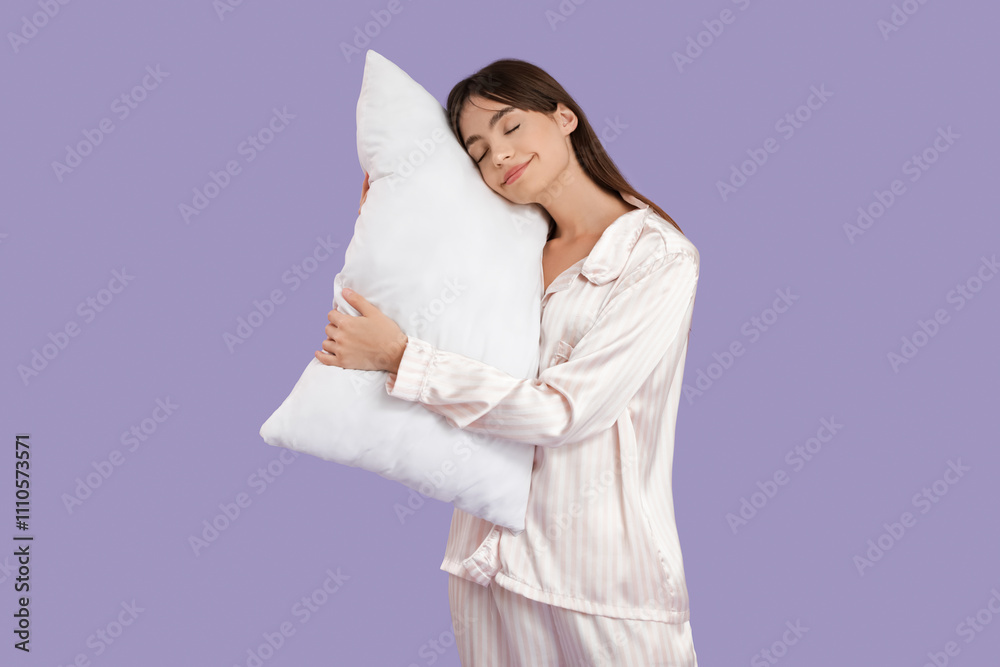 Beautiful young woman leaning on pillow on lilac background