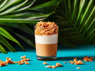 filipino maja blanca, creamy coconut pudding topped with latik, served in an elegant tropical settin