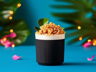 filipino maja blanca, creamy coconut pudding topped with latik, served in an elegant tropical settin
