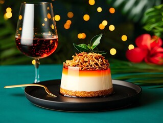 filipino maja blanca, creamy coconut pudding topped with latik, served in an elegant tropical settin