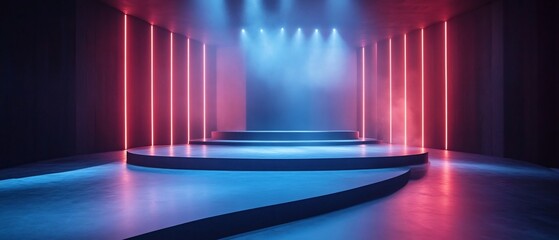 Poster - Minimal yet striking lighting design on a modern stage emphasizing simplicity and elegance through the use of geometric shapes neon colors