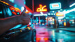 © Maksym - A vibrant scene of a person giving a thumbs-up while refueling a car, with the gas station's logo and bright signs in the background