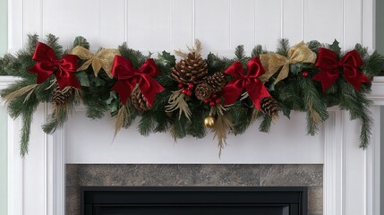 Wall Mural - A festive garland draped over a fireplace, decorated with red bows, pinecones, and golden accents.