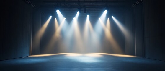 Poster - Ambient spotlights creating a dramatic and elegant atmosphere on a minimalist stage with subtle and sophisticated tones setting the mood for a captivating performance or event