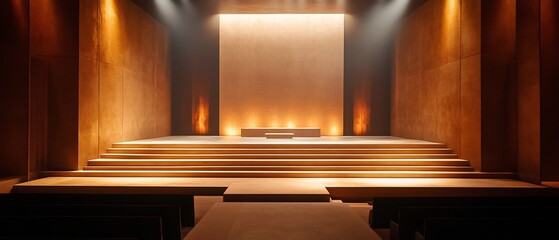 Poster - Minimalist and elegant wooden stage with ambient lighting creating a warm and inviting atmosphere for various presentations performances or exhibitions