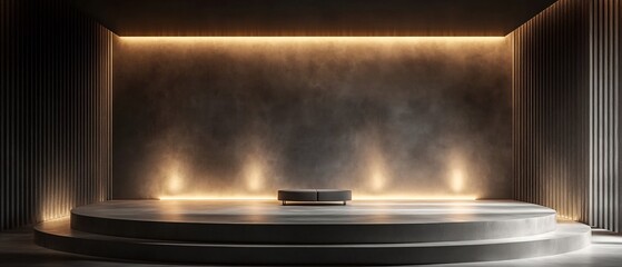 Poster - Minimalist and contemporary stage design with subtle ambient lighting creating a serene sophisticated and calming atmosphere  The clean lines geometric patterns