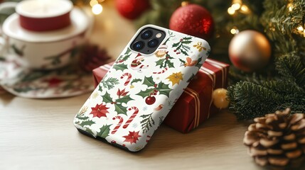 Wall Mural - A festive phone case featuring a Christmas pattern of cheerful elves, candy canes, and holly leaves, adding a playful touch to your phone.